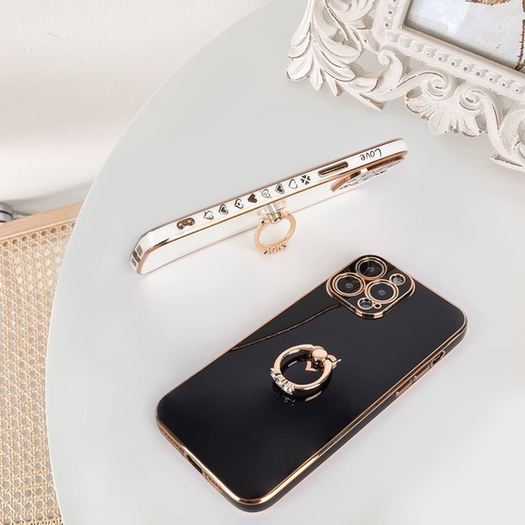 Cute IPhone Case w/ Diamond Ring Kickstand Love Heart Pattern Protection Cover - Picture 5 of 6